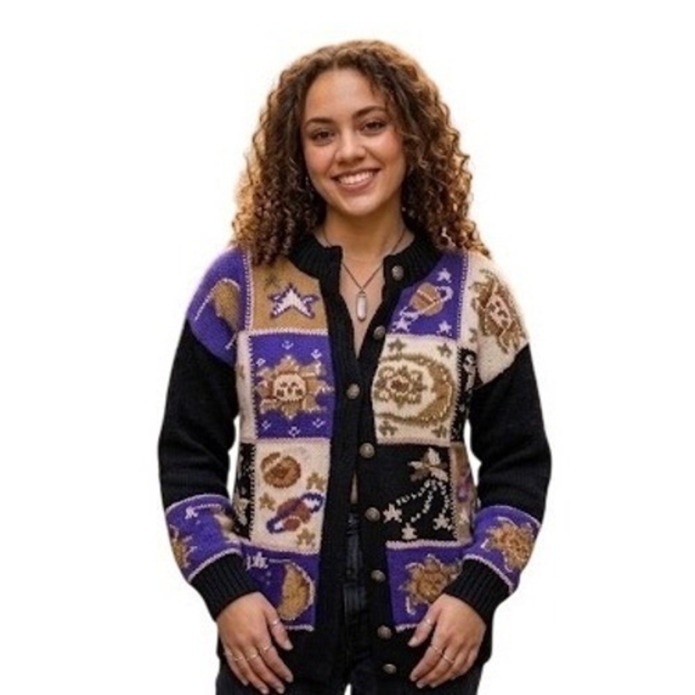 South Wool‎ Vintage Celestial Patchwork Sun Moon Virgin Wool Cardigan Sweater S